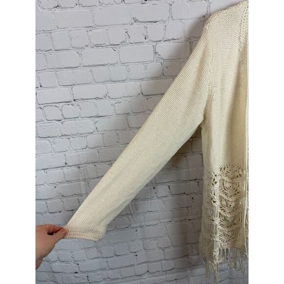 CHICO'S ivory cotton blend knit lace fringe open front cardigan sweater size 2 L - Picture 5 of 9